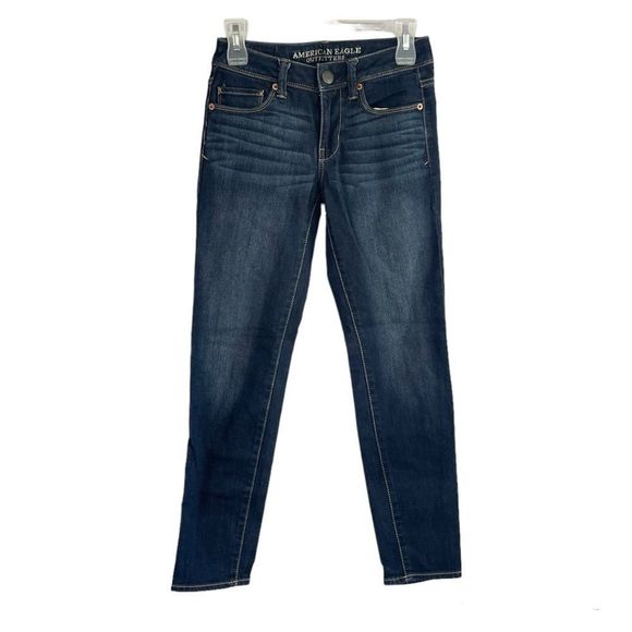 AMERICAN EAGLE Super Skinny Dark Wash Denim Contrast Stitch Jeans Size 0 Short - Picture 2 of 9